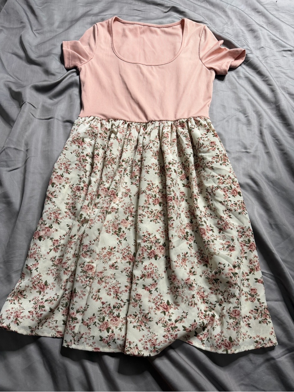 SHEIN Blush Pink Knit Bodice Floral Cream Skirt Dress